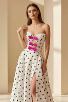Aramie | Black - White Strapless A Line Polka Dots Satin Long Formal Prom Dresses With Bow - KissProm