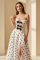 Aramie | White - Strapless A Line Polka Dots Satin Long Formal Prom Dresses With Bow - KissProm