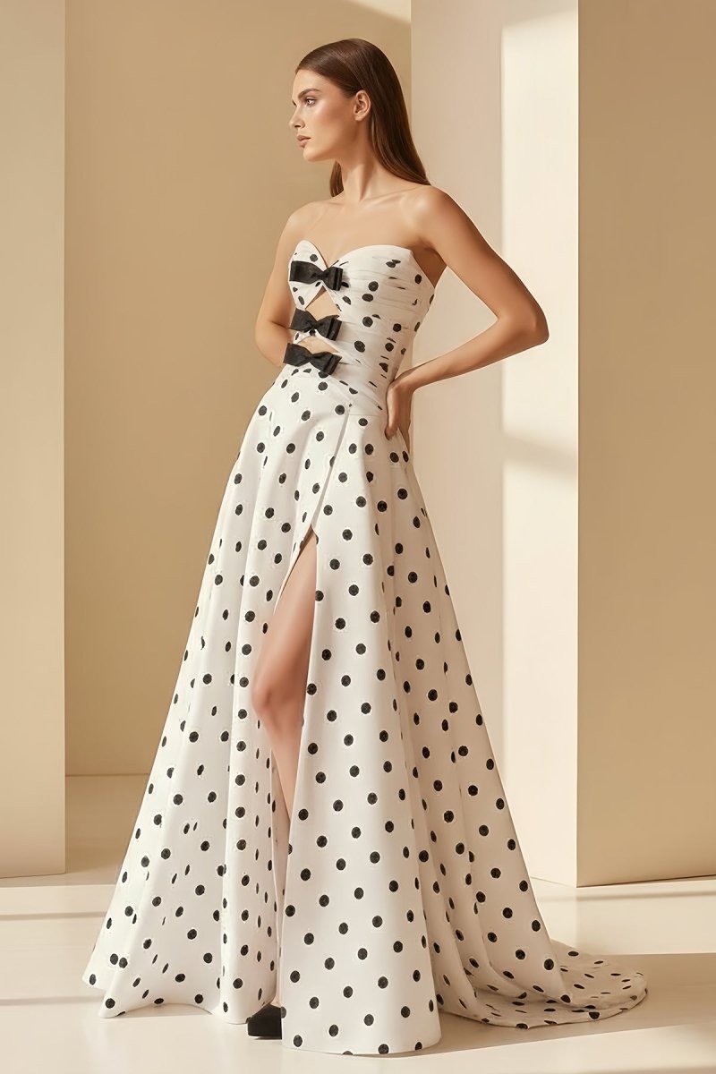 Aramie | White - Strapless A Line Polka Dots Satin Long Formal Prom Dresses With Bow - KissProm