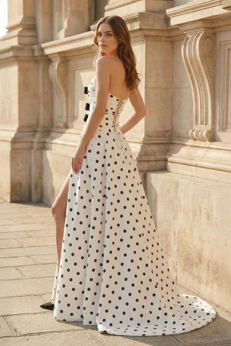KissProm Black-White Sweetheart A Line Polka Dots Satin Long Formal Prom Dresses With Bow, Black-White / 14