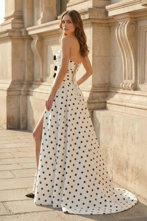 Black - White Sweetheart A Line Polka Dots Satin Long Formal Prom Dresses With Bow - KissProm