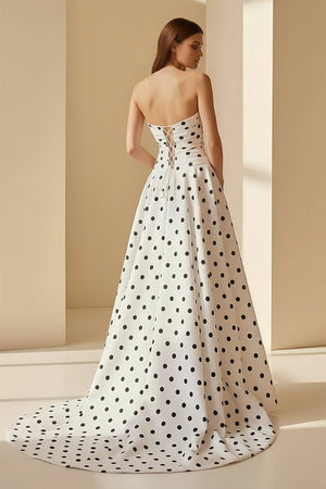 Aramie | White - Strapless A Line Polka Dots Satin Long Formal Prom Dresses With Bow - KissProm