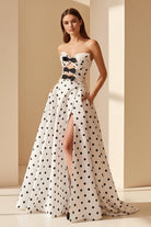 Aramie | White - Strapless A Line Polka Dots Satin Long Formal Prom Dresses With Bow - KissProm