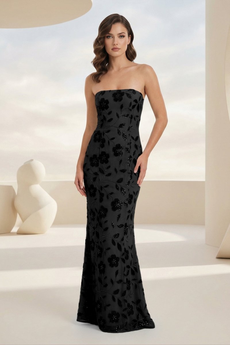 Aravelle | Black - Strapless Sheath Floral Sequins Long Formal Prom Dresses-KissProm