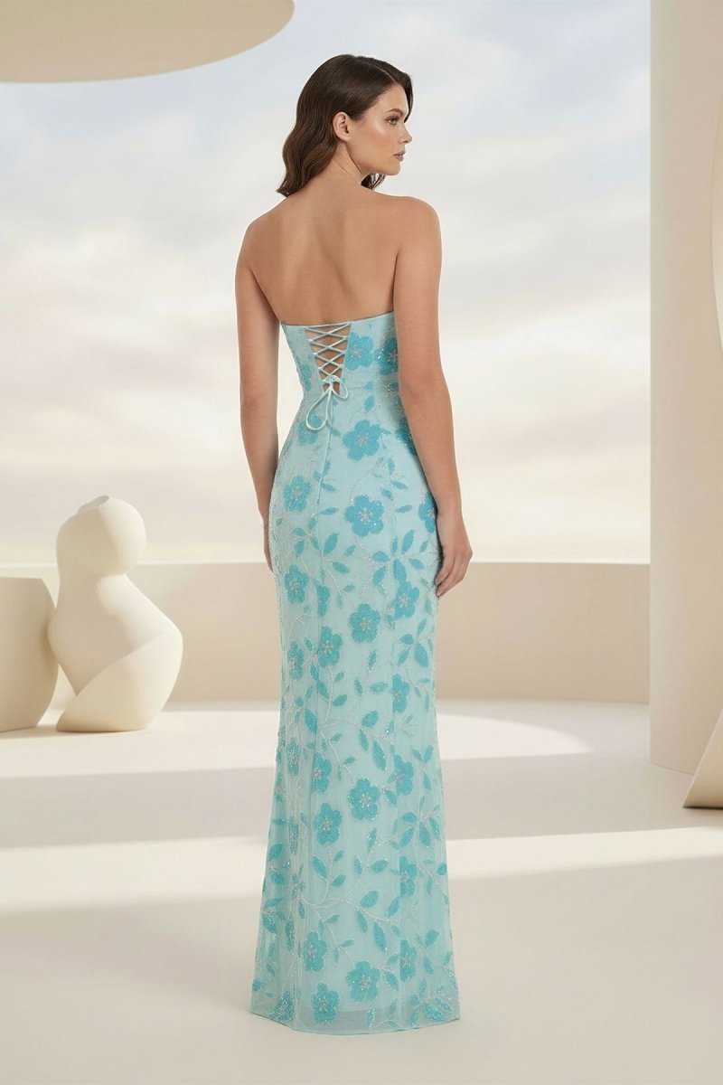 Aravelle | Blue - Strapless Sheath Floral Sequins Long Formal Prom Dresses - KissProm