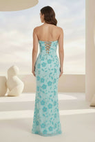 Aravelle | Blue - Strapless Sheath Floral Sequins Long Formal Prom Dresses - KissProm