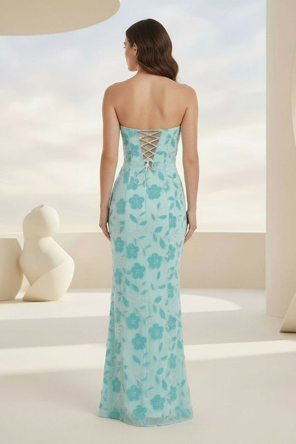 Blue Strapless Sheath Floral Sequins Long Formal Prom Dresses – Prom Dress by KissProm | Available at KissProm