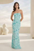 Aravelle | Blue - Strapless Sheath Floral Sequins Long Formal Prom Dresses - KissProm