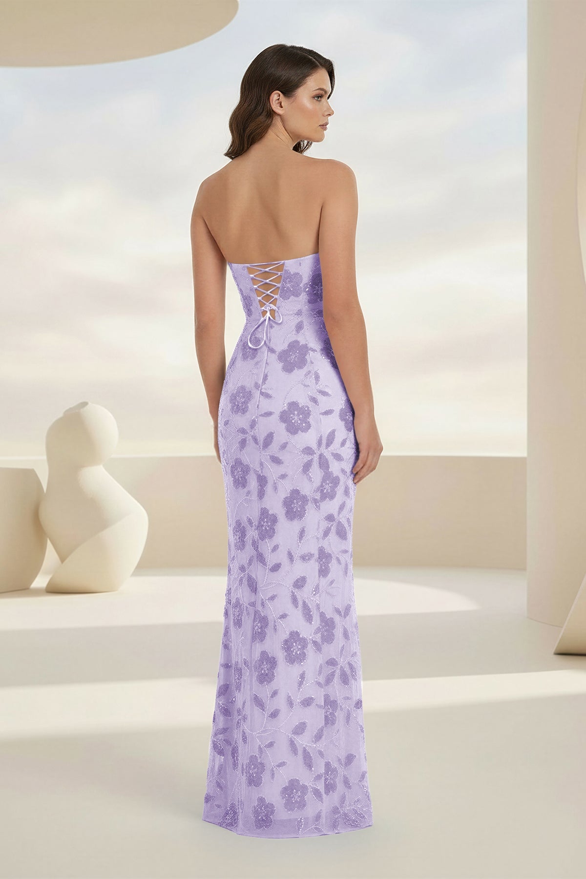 Aravelle | Lavender - Strapless Sheath Floral Sequins Long Formal Prom Dresses-KissProm
