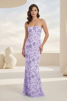 Aravelle | Lavender - Strapless Sheath Floral Sequins Long Formal Prom Dresses-KissProm
