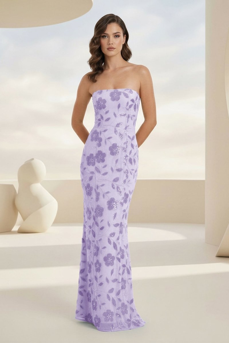Aravelle | Lavender - Strapless Sheath Floral Sequins Long Formal Prom Dresses-KissProm