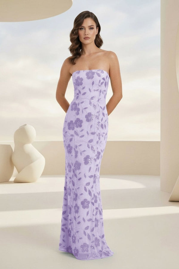Blue Strapless Sheath Floral Sequins Long Formal Prom Dresses – Prom Dress by KissProm | Available at KissProm