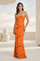 Aravelle | Orange - Strapless Sheath Floral Sequins Long Formal Prom Dresses-KissProm
