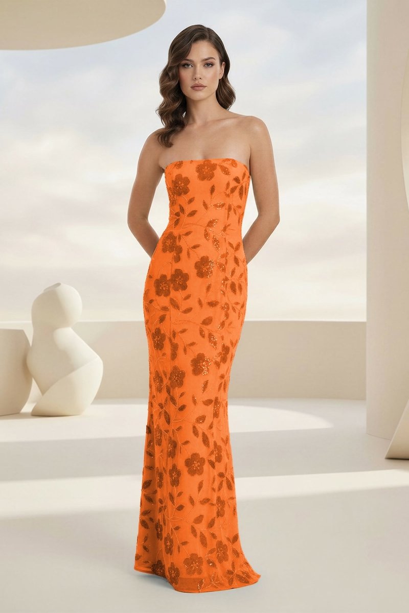 Aravelle | Orange - Strapless Sheath Floral Sequins Long Formal Prom Dresses-KissProm
