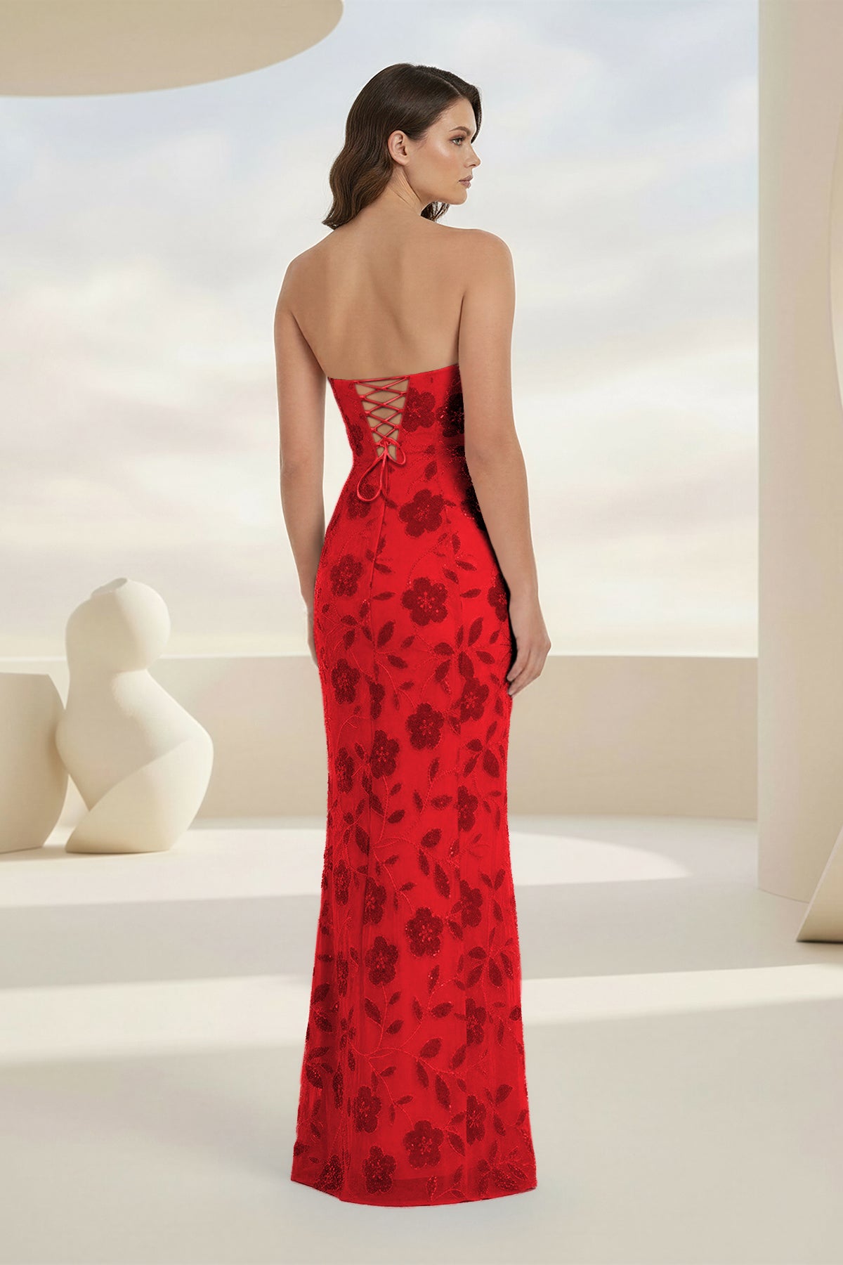 Aravelle | Red - Strapless Sheath Floral Sequins Long Formal Prom Dresses-KissProm