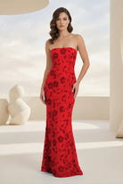 Aravelle | Red - Strapless Sheath Floral Sequins Long Formal Prom Dresses-KissProm