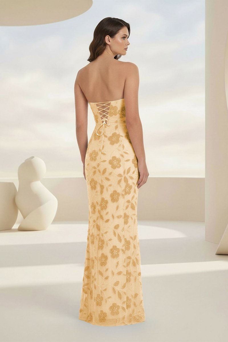 Aravelle | Blue - Strapless Sheath Floral Sequins Long Formal Prom Dresses - KissProm