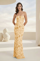 Aravelle | Yellow - Strapless Sheath Floral Sequins Long Formal Prom Dresses-KissProm