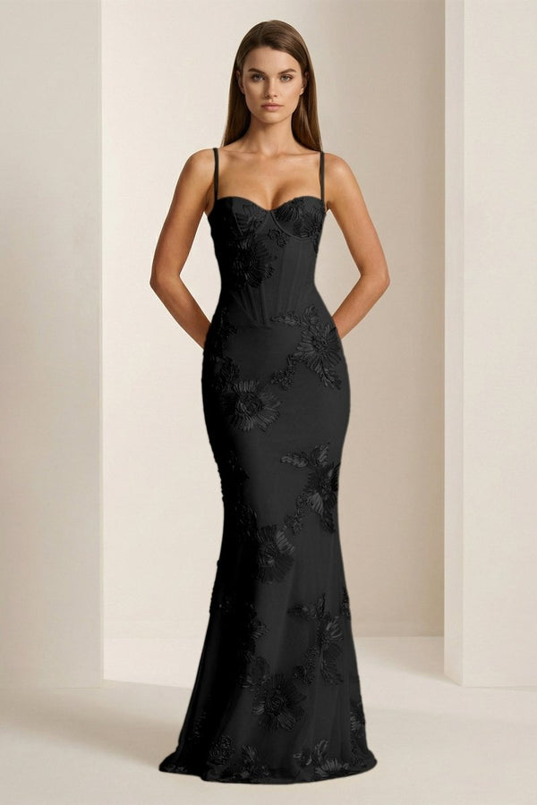 Yellow Spaghetti Straps Sheath Long Prom Dresses With Floral Embroider