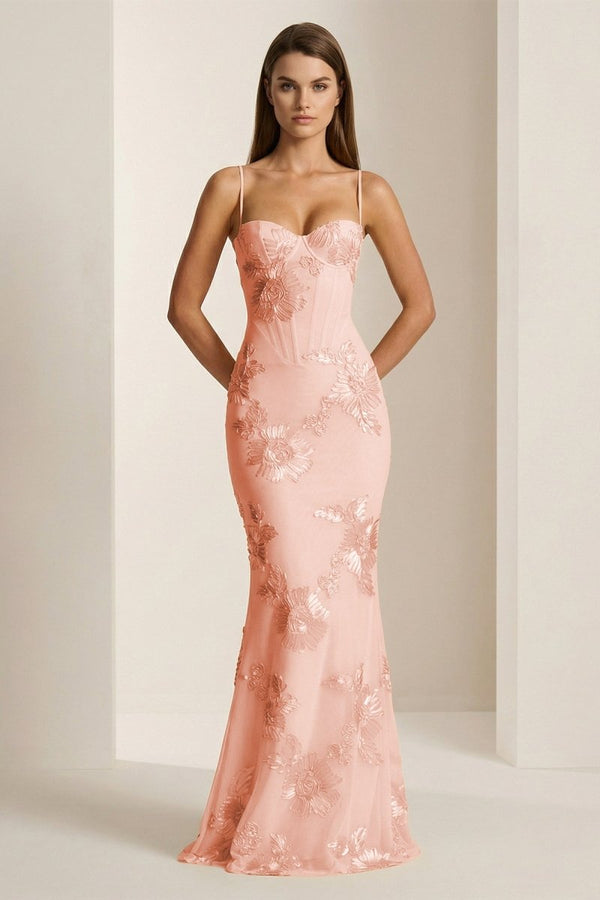 Yellow Spaghetti Straps Sheath Long Prom Dresses With Floral Embroidery Blush Pink / 8 Yellow Spaghetti Straps Sheath Long Prom Dresses With Floral Embroidery Blush Pink / 8