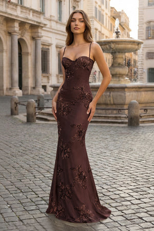 Yellow Spaghetti Straps Sheath Long Prom Dresses With Floral Embroidery