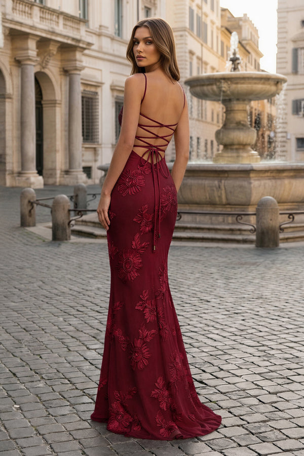KissProm- Burgundy Spaghetti Straps Sheath Long Prom Dresses With Floral Embroidery