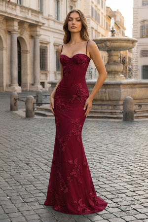 KissProm- Burgundy Spaghetti Straps Sheath Long Prom Dresses With Floral Embroidery