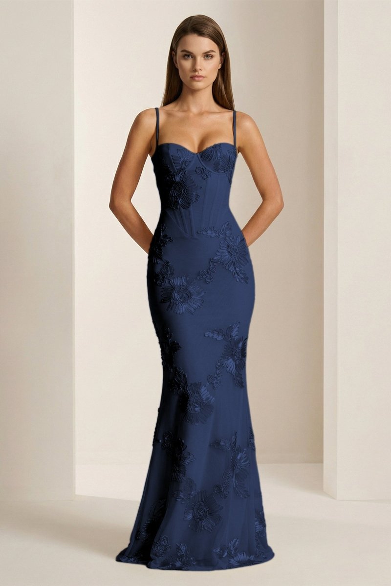 Yellow Spaghetti Straps Sheath Long Prom Dresses With Floral Embroidery – Prom Dress by KissProm | Available at KissProm