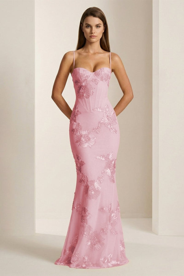 Yellow Spaghetti Straps Sheath Long Prom Dresses With Floral Embroidery Blush Pink / 8