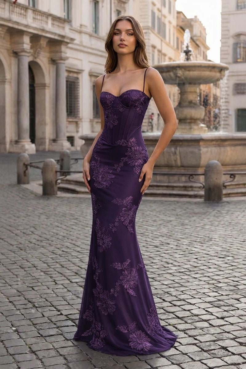 Yellow Spaghetti Straps Sheath Long Prom Dresses With Floral Embroidery - KissProm