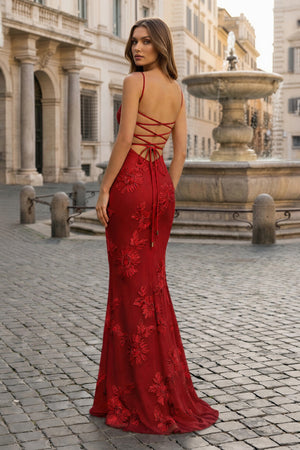 KissProm- Red Spaghetti Straps Sheath Long Prom Dresses With Floral Embroidery