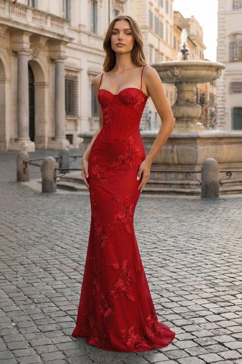 KissProm Yellow Spaghetti Straps Sheath Long Prom Dresses With Floral Embroidery, Red / 14
