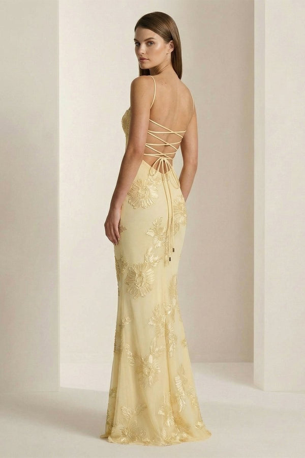 Yellow Spaghetti Straps Sheath Long Prom Dresses With Floral Embroidery White / 14