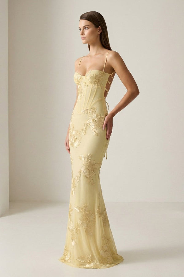 Yellow Spaghetti Straps Sheath Long Prom Dresses With Floral Embroider Yellow Spaghetti Straps Sheath Long Prom Dresses With Floral Embroider
