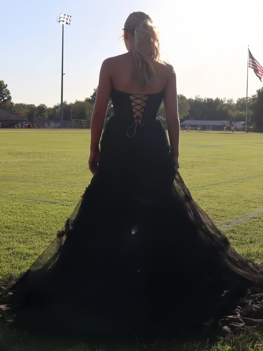 Arcanae | Black Strapless Tulle A Line Lone Prom Dress - KissProm