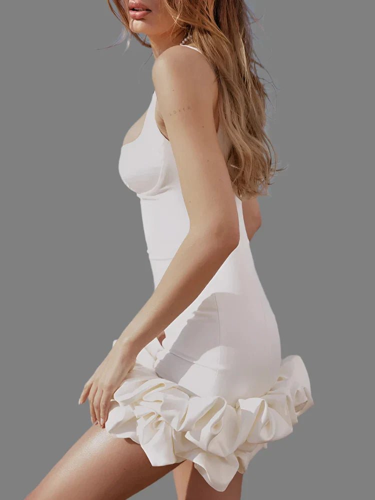 Arcane | Ruched Ivory Spandex Mini Dress With Ruffles