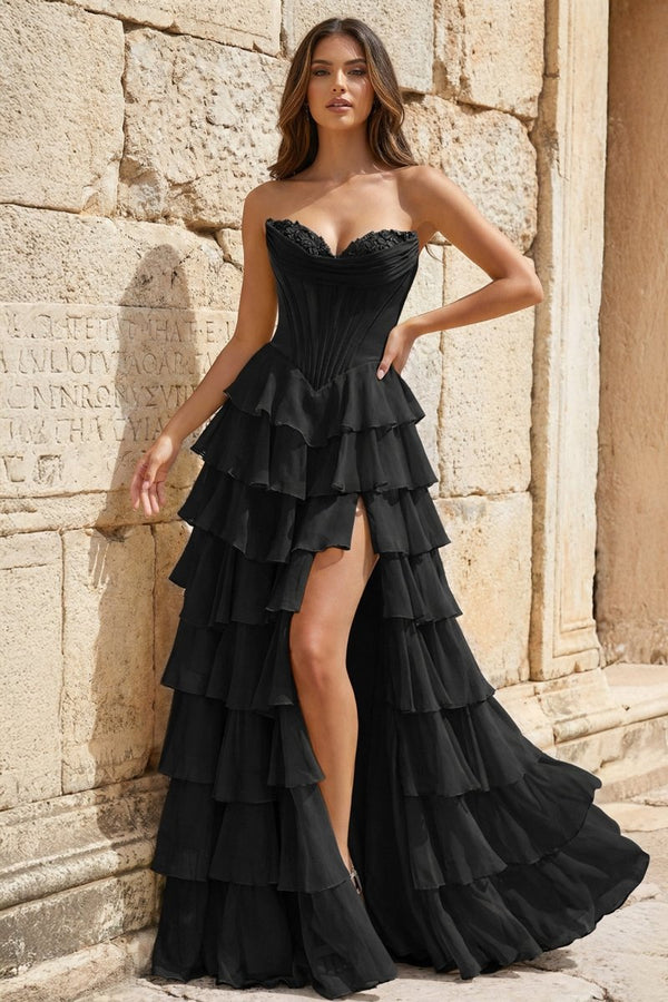 Strapless A - Line Ruffle Long Prom Dress With Split - KissProm