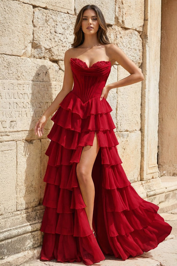 Strapless A - Line Ruffle Long Prom Dress With Split - KissProm