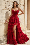 Strapless A-Line Ruffle Long Prom Dress With Split – Prom Dresses by KissProm | Available at KissProm