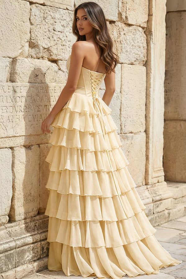 Strapless A - Line Ruffle Long Prom Dress With Split - KissProm