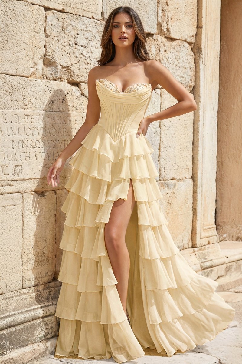 KissProm Strapless A-Line Ruffle Long Prom Dress With Split, Champagne / Custom Size