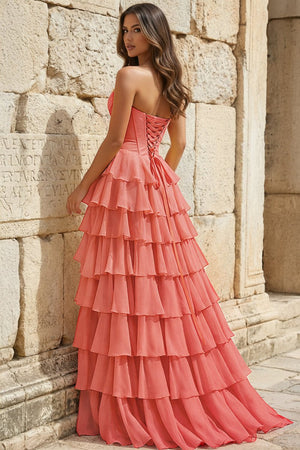 Strapless A - Line Ruffle Long Prom Dress With Split - KissProm