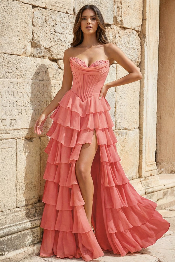 Strapless A - Line Ruffle Long Prom Dress With Split - KissProm
