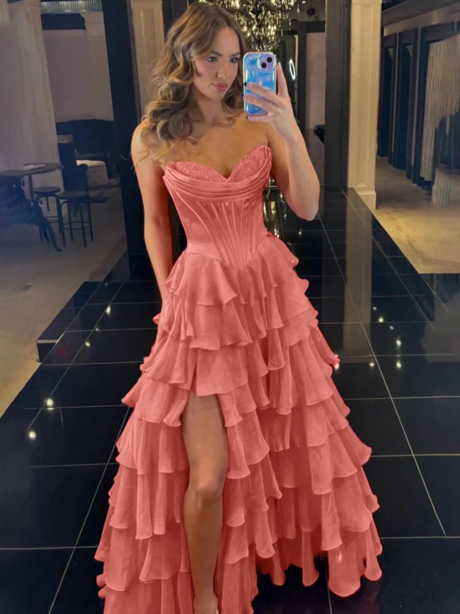 Ardea | Strapless A-Line Ruffle Long Prom Dress With Split