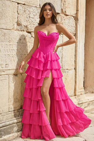 Strapless A - Line Ruffle Long Prom Dress With Split - KissProm