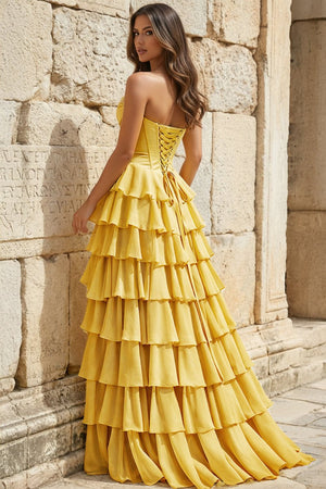 Strapless A - Line Ruffle Long Prom Dress With Split - KissProm