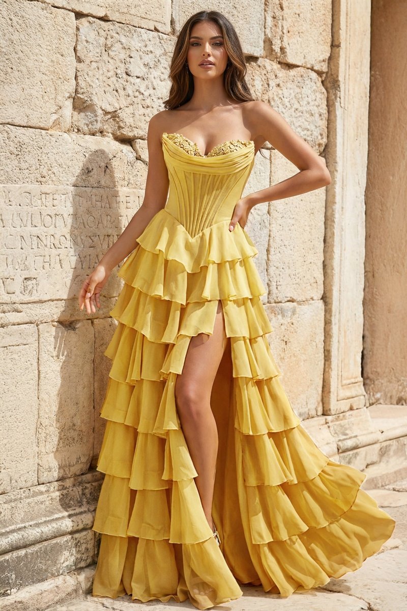 KissProm Strapless A-Line Ruffle Long Prom Dress With Split, Golden / 16