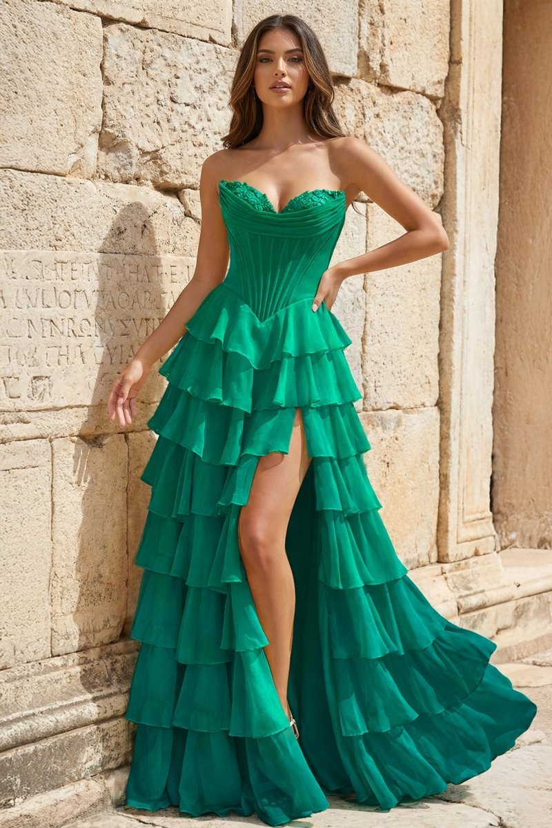 KissProm Strapless A-Line Ruffle Long Prom Dress With Split, Green / 18