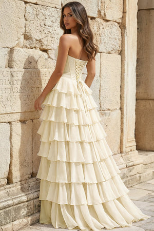 Strapless A - Line Ruffle Long Prom Dress With Split - KissProm