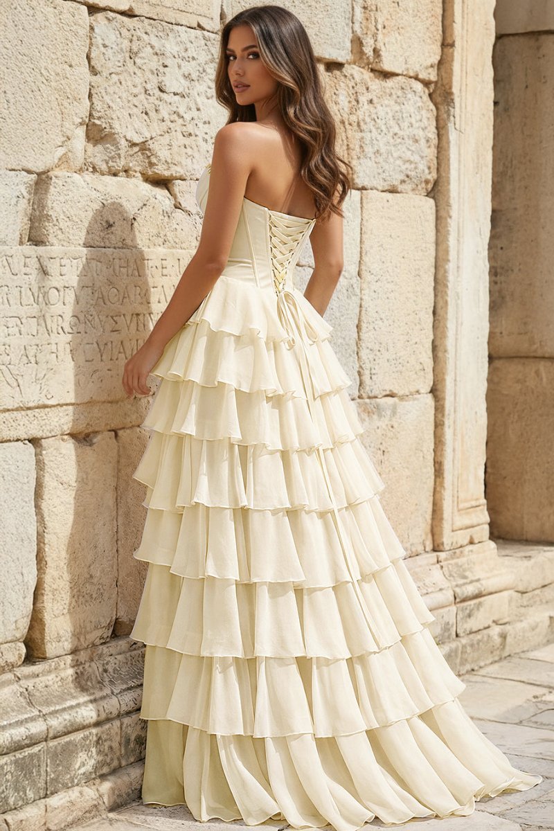 KissProm Strapless A-Line Ruffle Long Prom Dress With Split, Ivory / 8